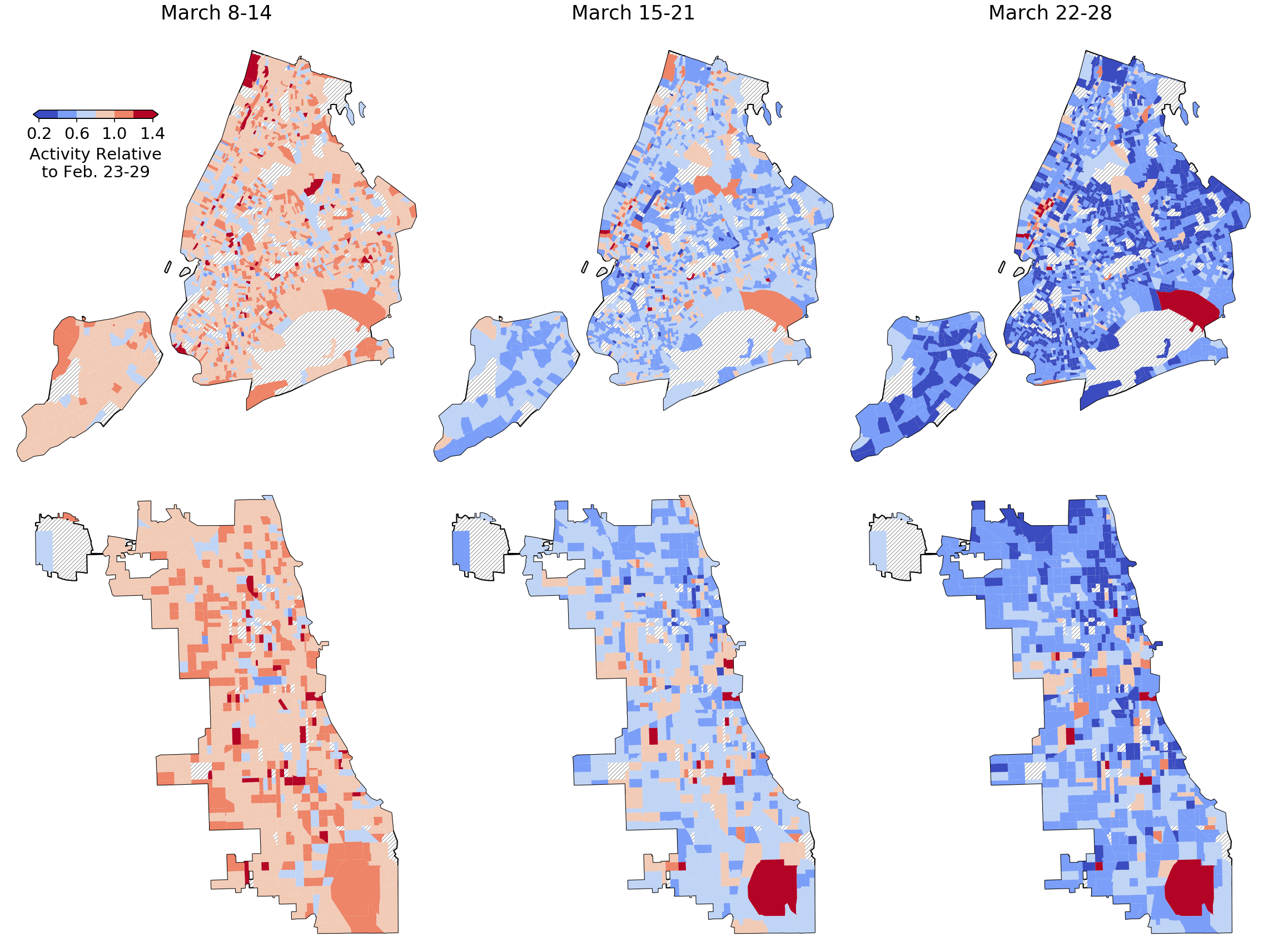 Neighborhood-level activity out of home in New York City and Chicago, by week.